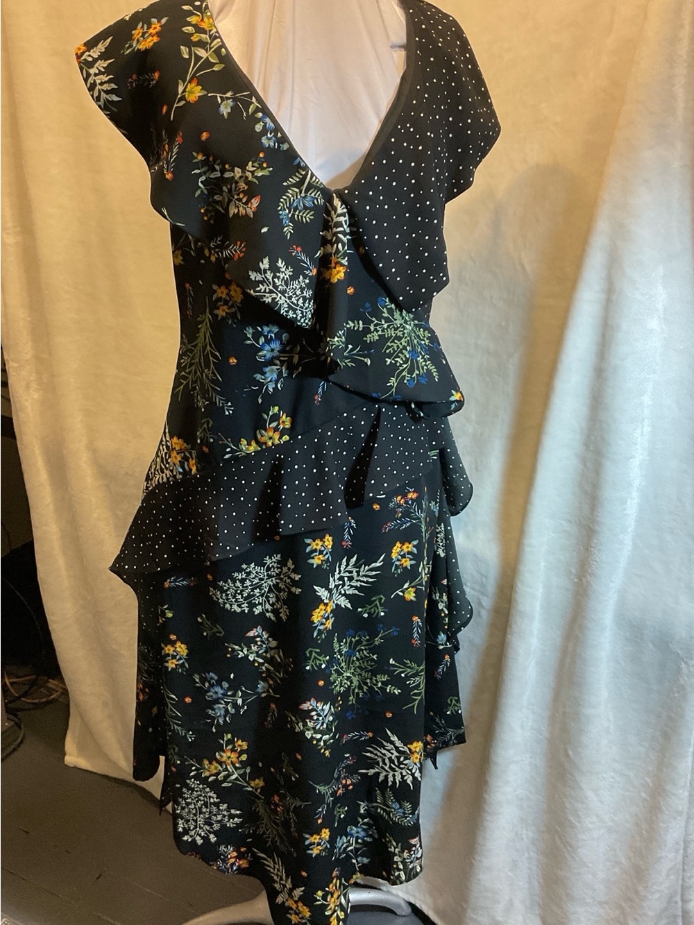 Black Floral & Polka Dot V-Neck Dress